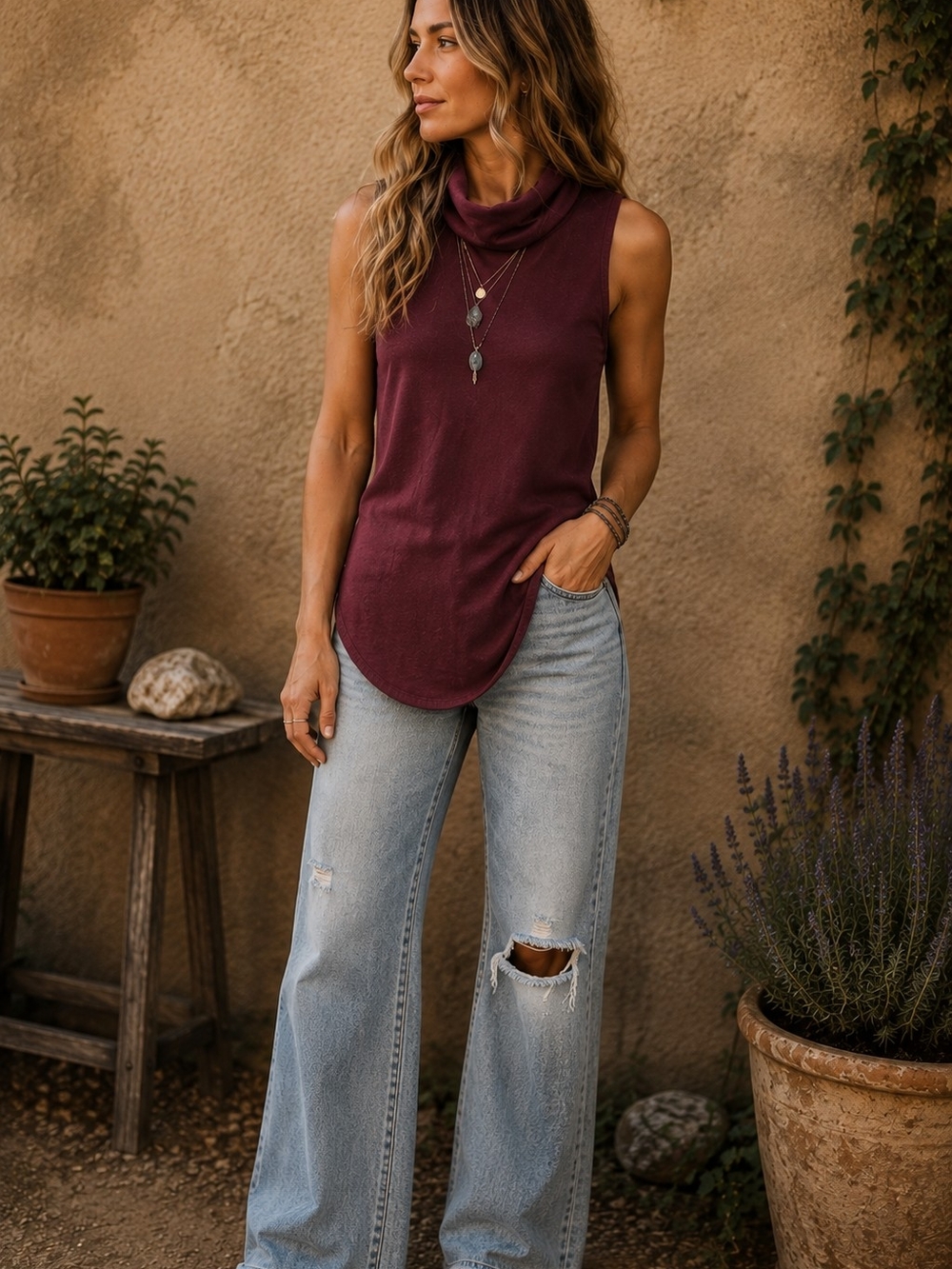 Free People Womens M Burgundy Cowl Neck Sleeveless Tunic Top 100% Cotton USA